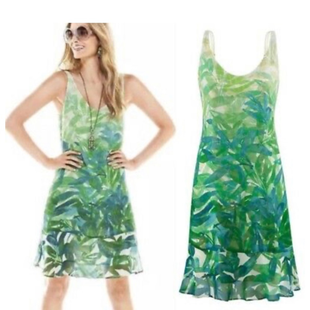 Tropical castaway green palm dress -Cabi